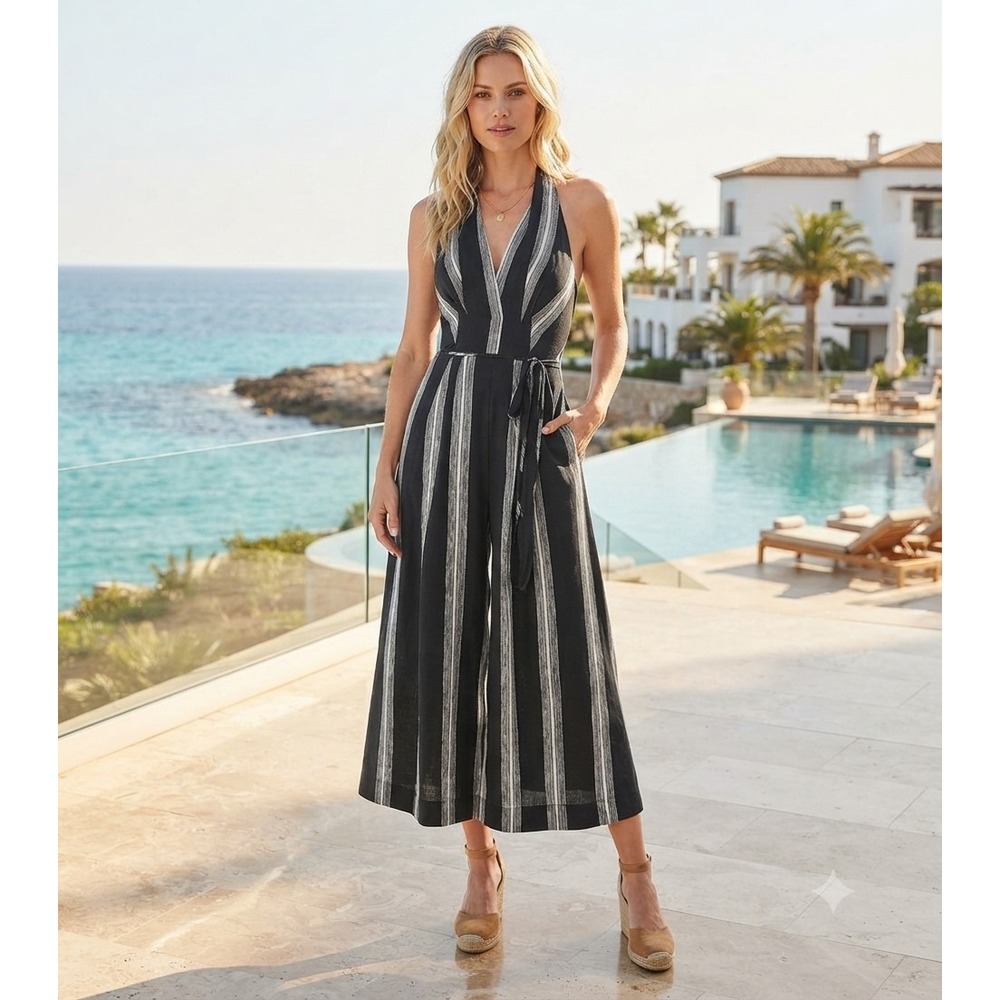 Socialite Black White Striped Halter Maxi Dress Linen Blend Boho M Medium